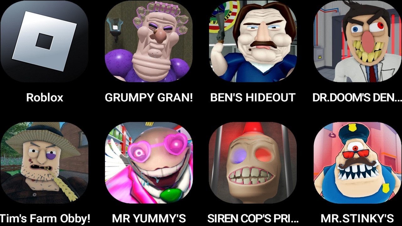 Roblox,GRUMPY GRAN,BEN'S HIDEOUT,DR. DOOM'S DENTIST,TIM'S FARM OBBY,Mr Yummy's Supermarket... background