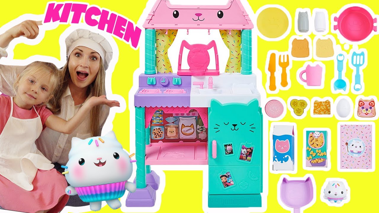 Gabby's Dollhouse Cakey Kitchen Setup and Pretend Play! Making Donuts background