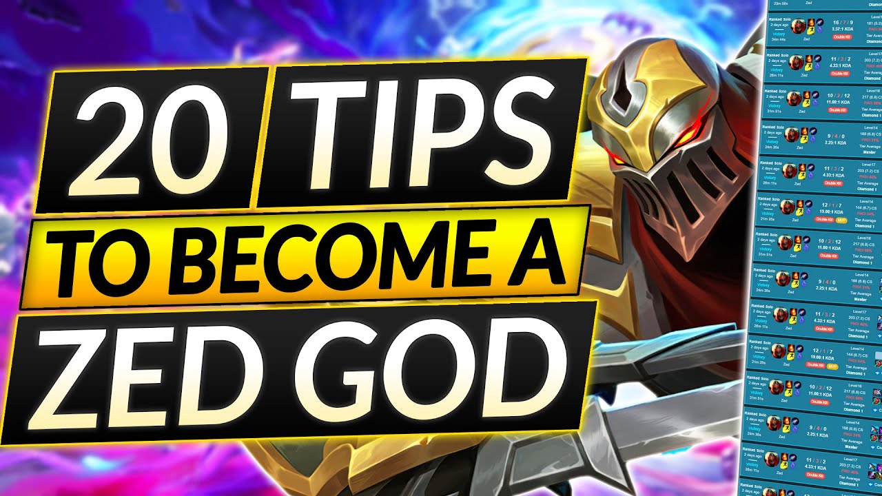 20 BEST ZED Tips to RANK UP FAST in Season 12 - PRO Combos, Mechanics, Builds - LoL Guide background