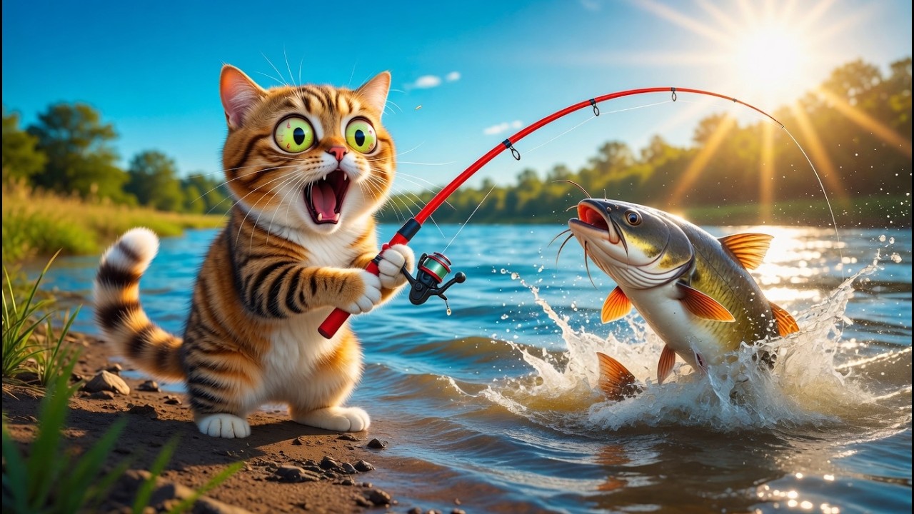 Funny Cat Goes Fishing and Sells Fish at Market! ππ° #cat #catshorts #catfarmer