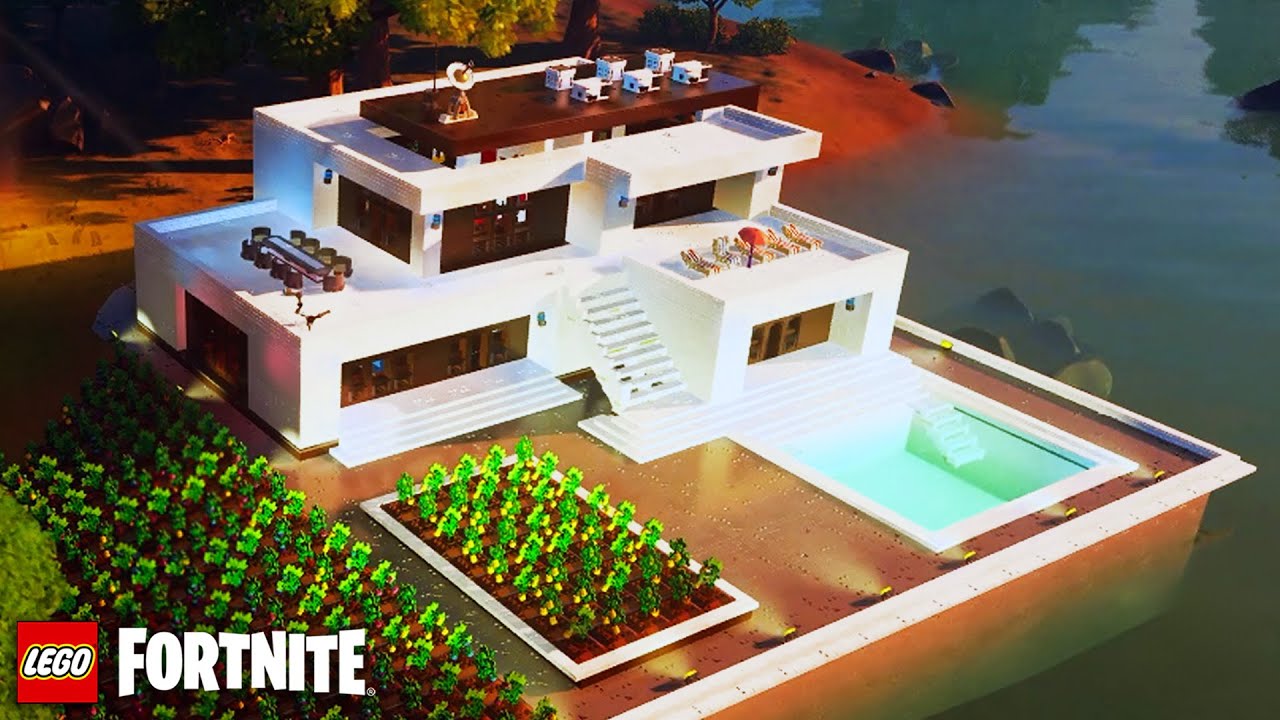 LEGO Fortnite Tutorial: How to Build 2-Storey MODERN HOUSE with a POOL and GARDEN on the LAKE background