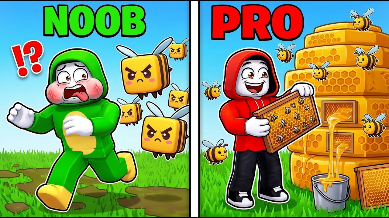 JJ vs Mikey : NOOB vs PRO 9,999,999 BEES Beehive in Roblox background