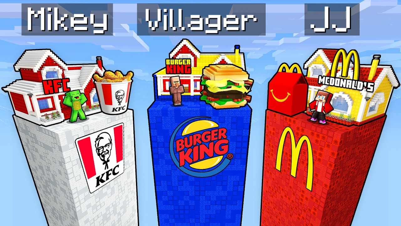 Mikey vs JJ vs Villager: KFC vs BURGER KING vs MCDONALDS Chunk Battle - Maizen Minecraft
