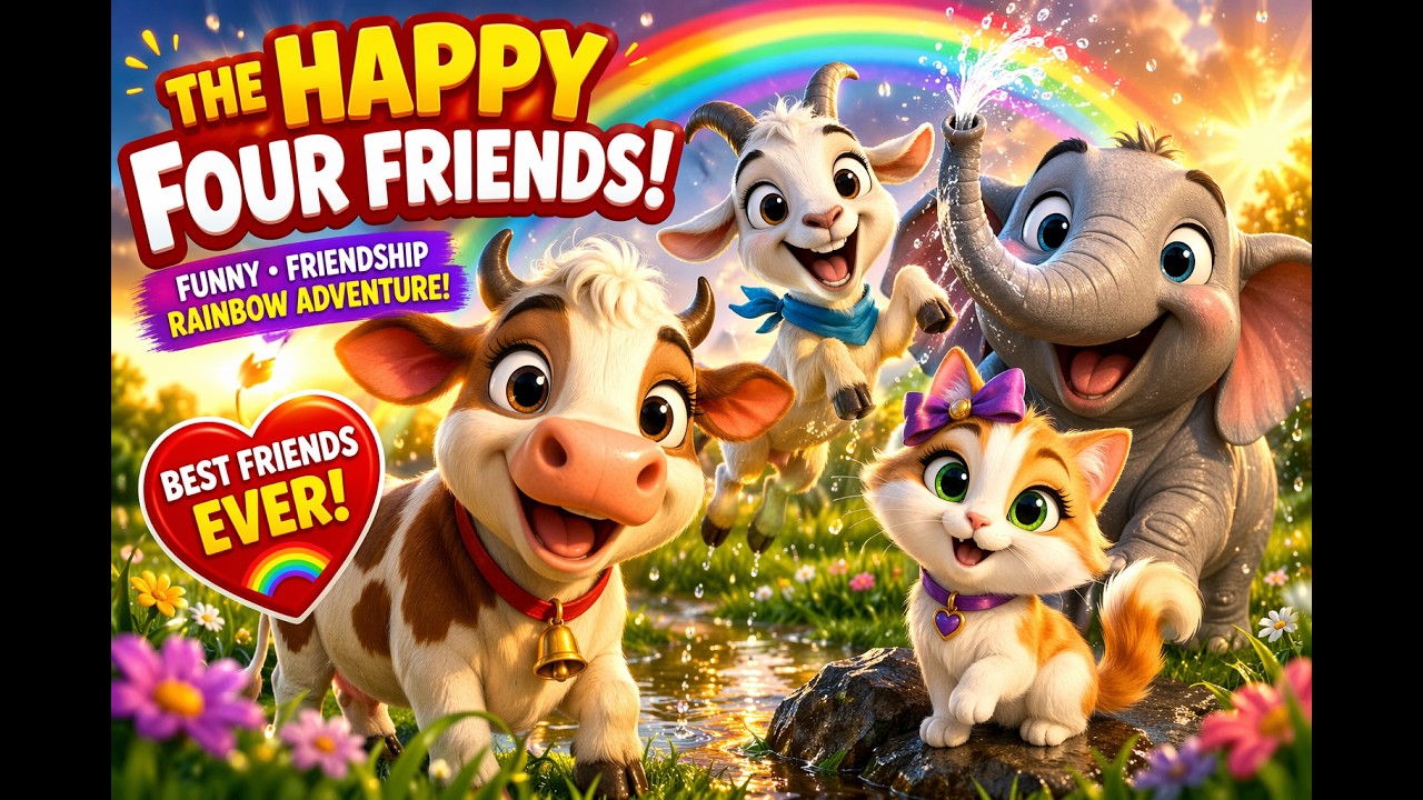 The Happy Four Friends ๐๐๐๐ฑ | Funny Cartoon Adventure, Rainy Day Friendship & Rainbow Ending ๐ |