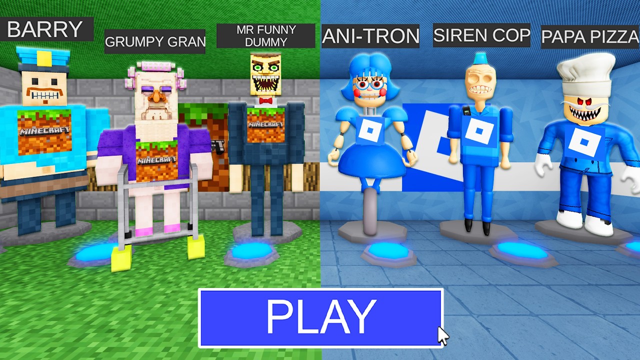 MINECRAFT Morphs Vs ROBLOX Morphs in BARRY'S PRISON RUN! New Scary Obby (#Roblox)