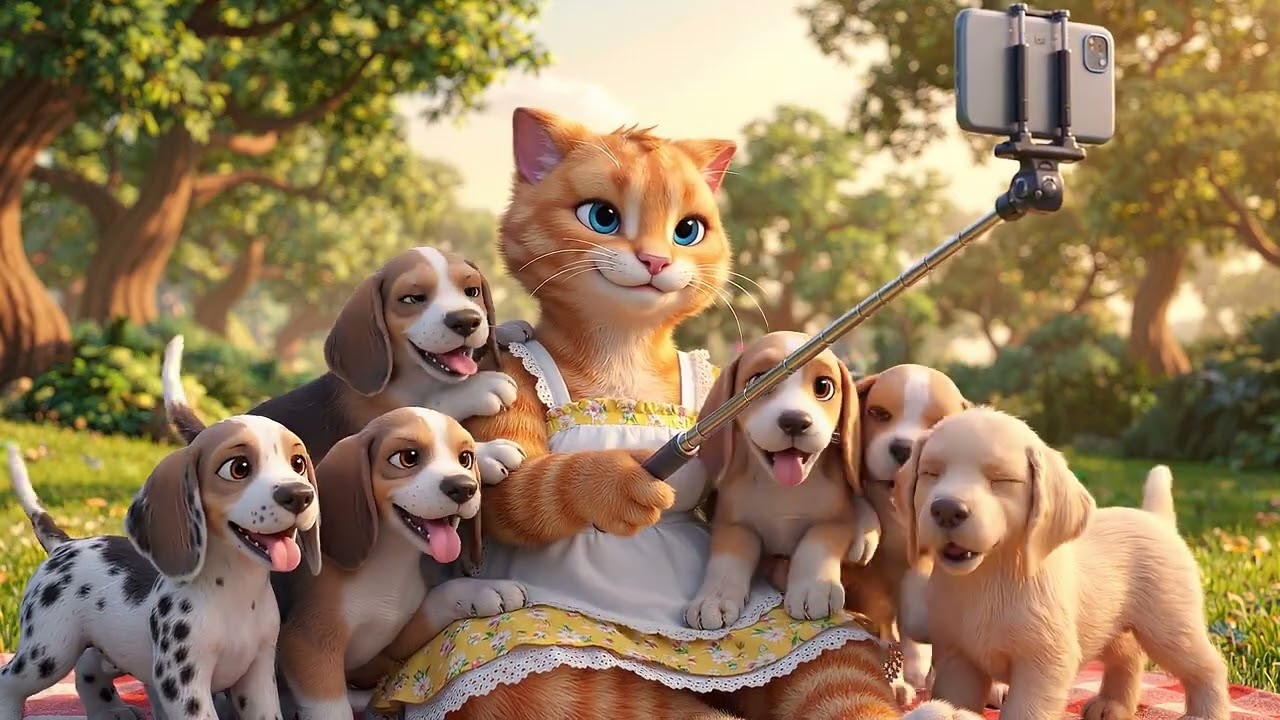 Mama Cat Tries to Take a Group Photo But Baby Animals Keep Making Silly Faces background