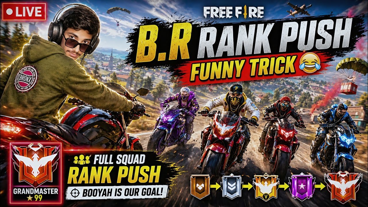 🔴LIVE || FREE FIRE 🔥 BR Rank Push Funny Tricks 😂 | Full Squad Booyah Gameplay background
