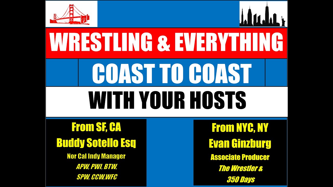 Wrestling&Everything Coast to Coast hosts Evan Ginzburg, Buddy Sotello, Esquire Show#65:JONES&SAVAGE background