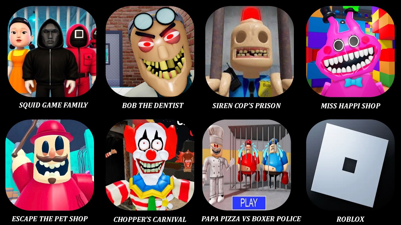 ROBLOX:PAPA PIZZA VS BOXER POLICE PRISON,SQUID GAME FAMILY PRISON RUN,HAPI TOYSHOP,BOB THE DENTIST