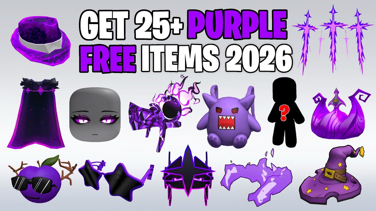 HURRY! CLAIM 25+ NEW PURPLE FREE ITEMS ON ROBLOX 2026 background