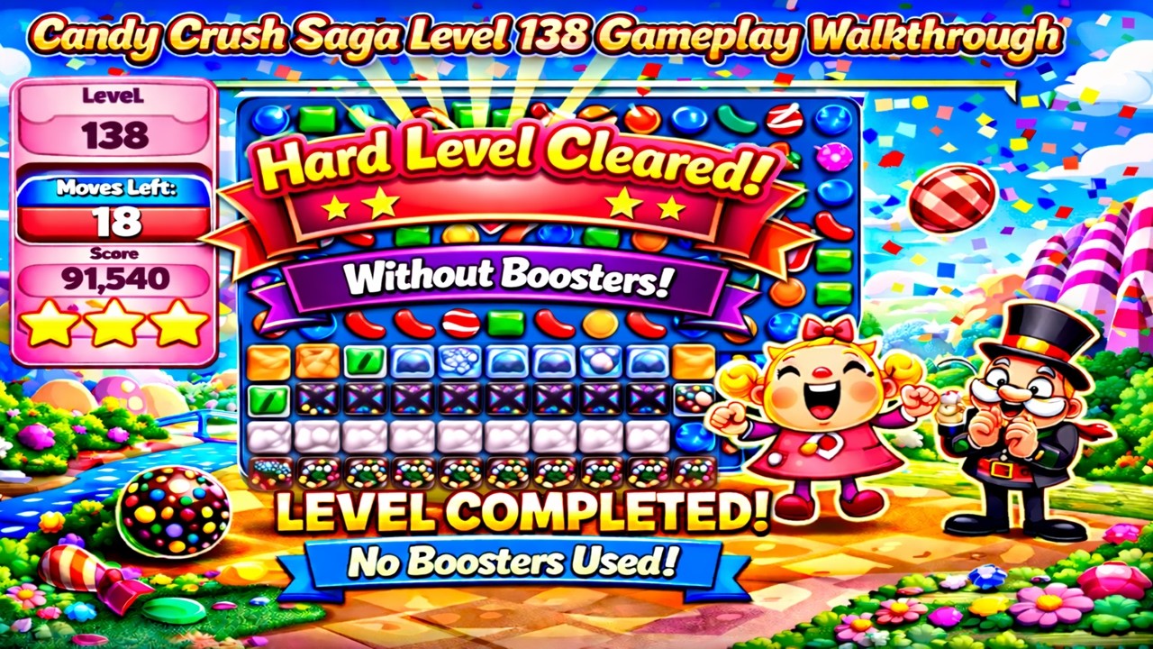 Candy Crush Saga Level 138 Gameplay Walkthrough | Hard Level Cleared Without Boosters background