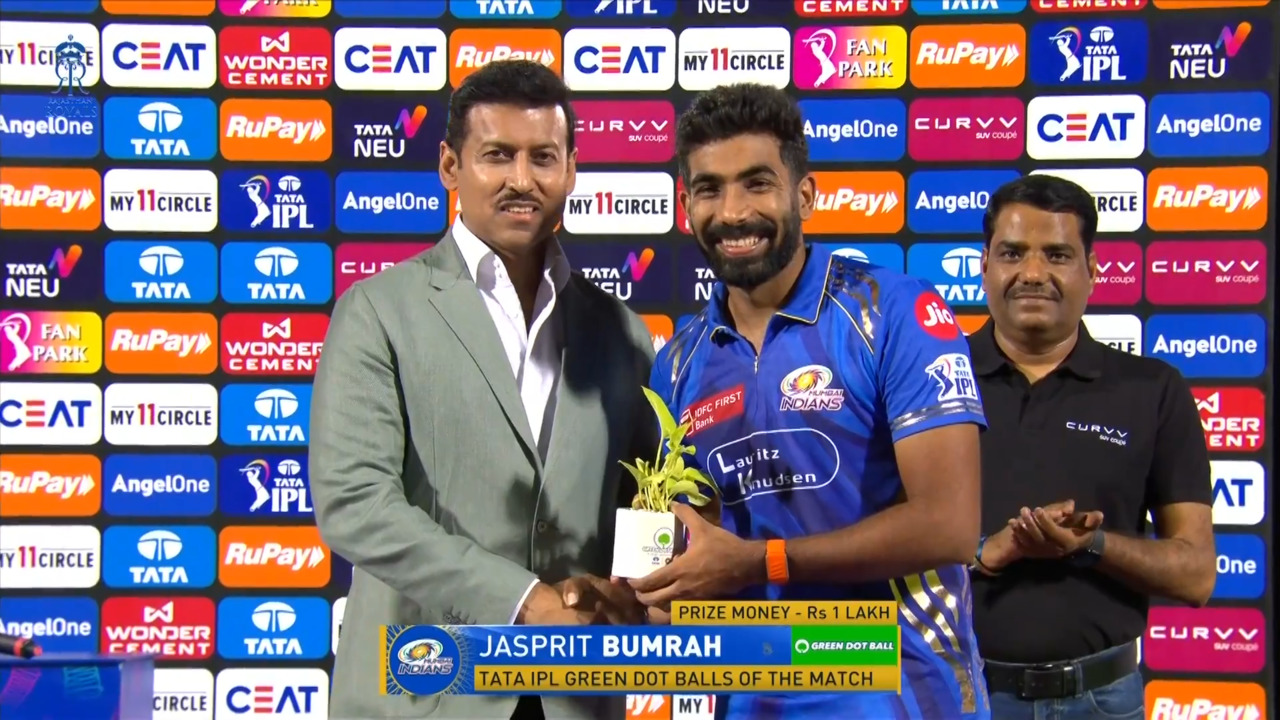 IPL 2025 M50: RR vs MI - TATA IPL Green Dot Balls of the Match - Jasprit Bumrah backdrop