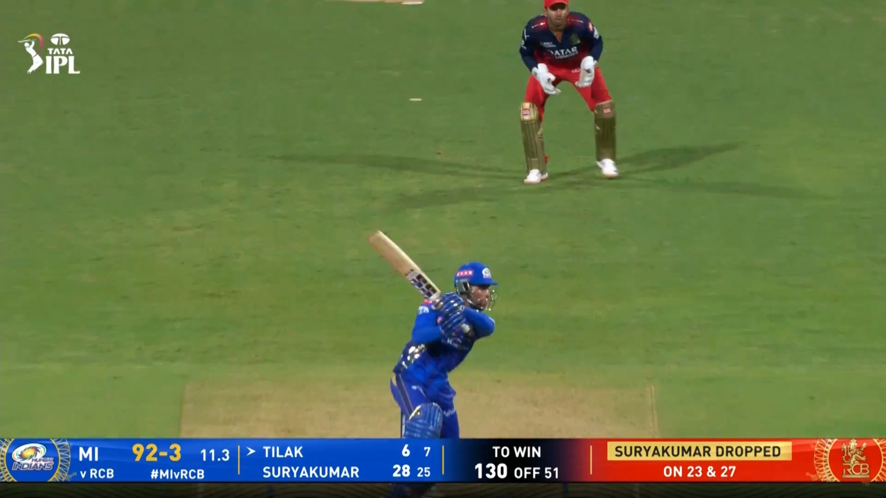 IPL 2025 M21: MI vs RCB - Tilak Varma Six background