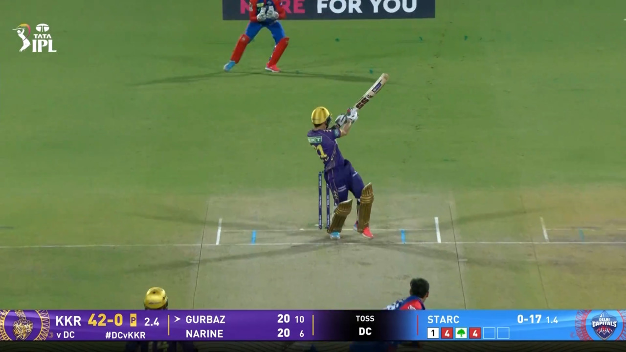 IPL 2025 M48: DC vs KKR - Rahmanullah Gurbaz Six background