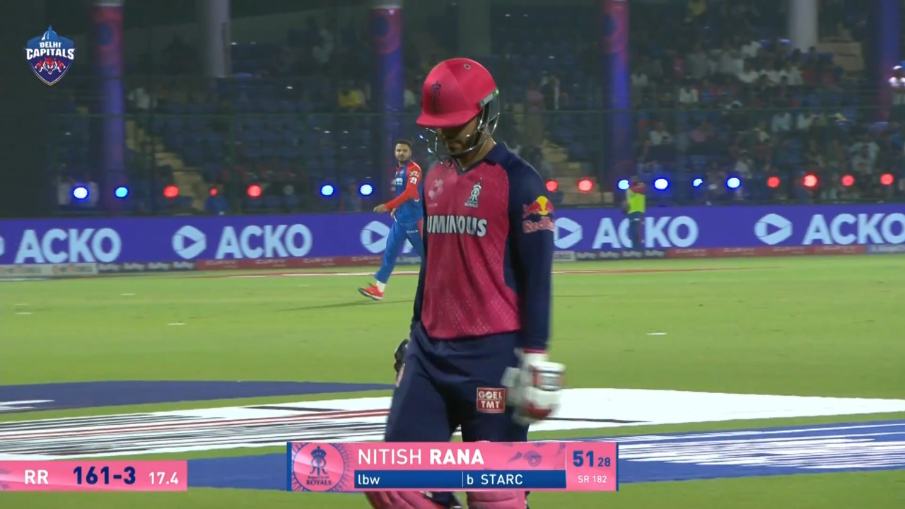 IPL 2025 M32: DC vs RR - Nitish Rana Wicket background