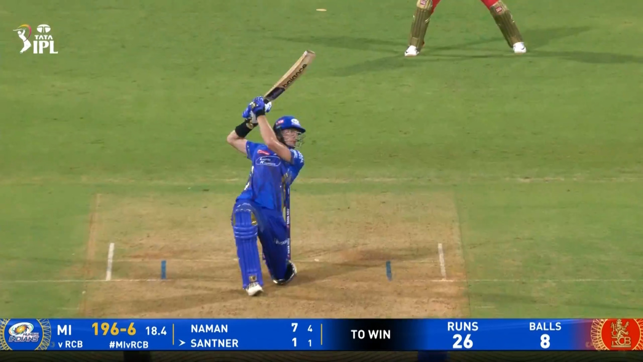 IPL 2025 M21: MI vs RCB - Mitchell Santner Six background