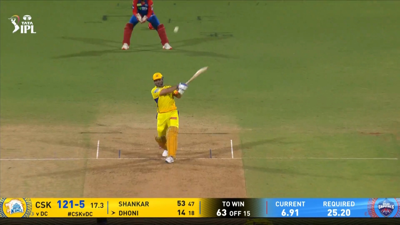 IPL 2025 M17: CSK vs DC - MS Dhoni Six background
