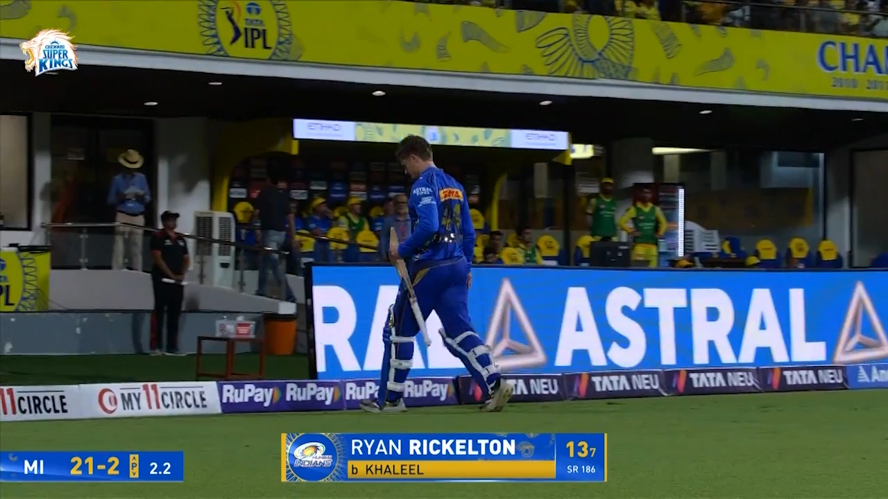 IPL 2025 M03: CSK vs MI - Ryan Rickelton Wicket background