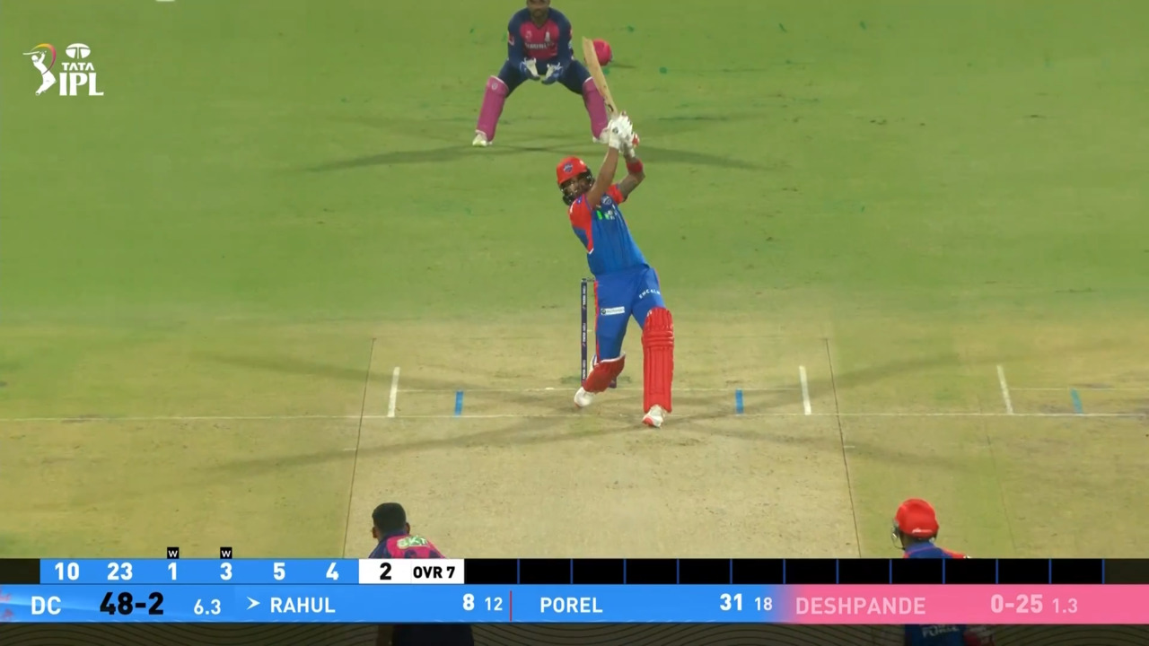 IPL 2025 M32: DC vs RR - KL Rahul Six background
