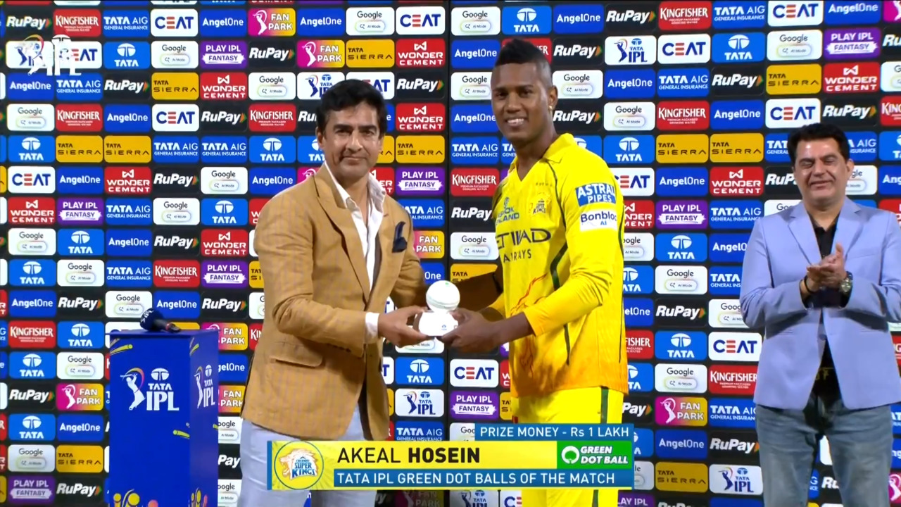 IPL 2026 M48: DC vs CSK - TATA IPL Green Dot Balls of the Match - Akeal Hosein
