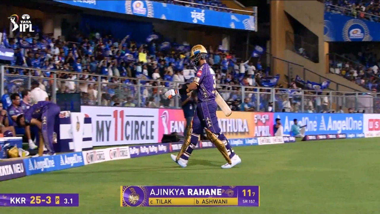 IPL 2025 M12: MI vs KKR - Ajinkya Rahane Wicket background