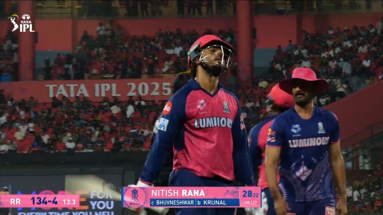 IPL 2025 M42: RCB vs RR - Nitish Rana Wicket background