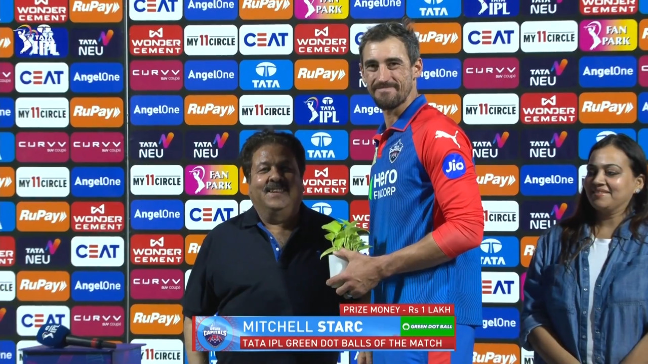 IPL 2025 M48: DC vs KKR - TATA IPL Green Dot Balls of the Match - Mitchell Starc backdrop