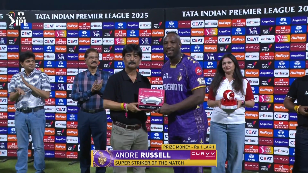 IPL 2025 M53: KKR vs RR - Curvv Super Striker of the Match - Andre Russell background