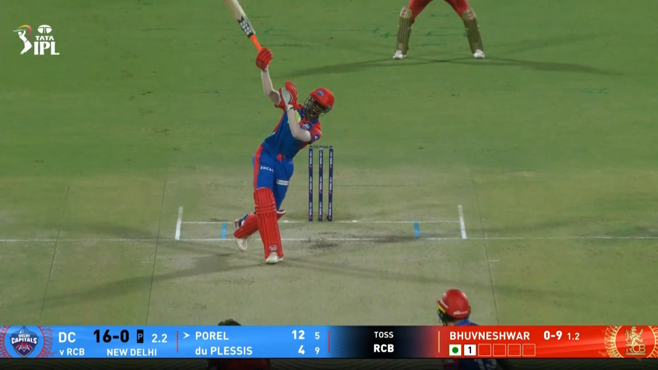 IPL 2025 M46: DC vs RCB - Abishek Porel Six background