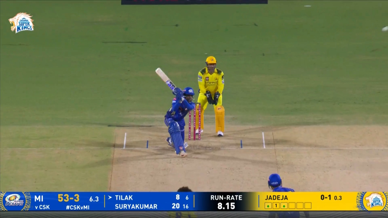 IPL 2025 M03: CSK vs MI - Tilak Varma Six background
