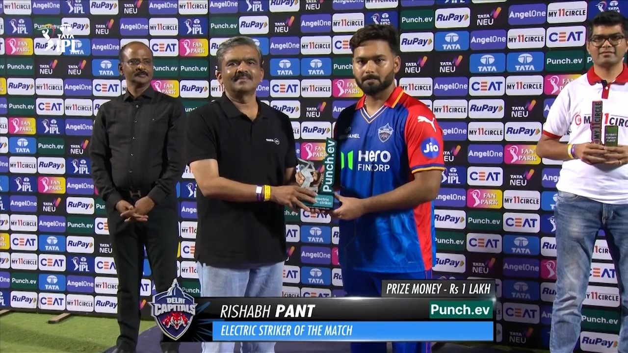 M16: DC vs KKR – Punch.ev Electric Striker of the Match – Rishabh Pant background