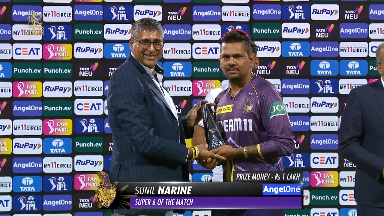 M10: RCB vs KKR – AngelOne Super 6 of the Match – Sunil Narine background