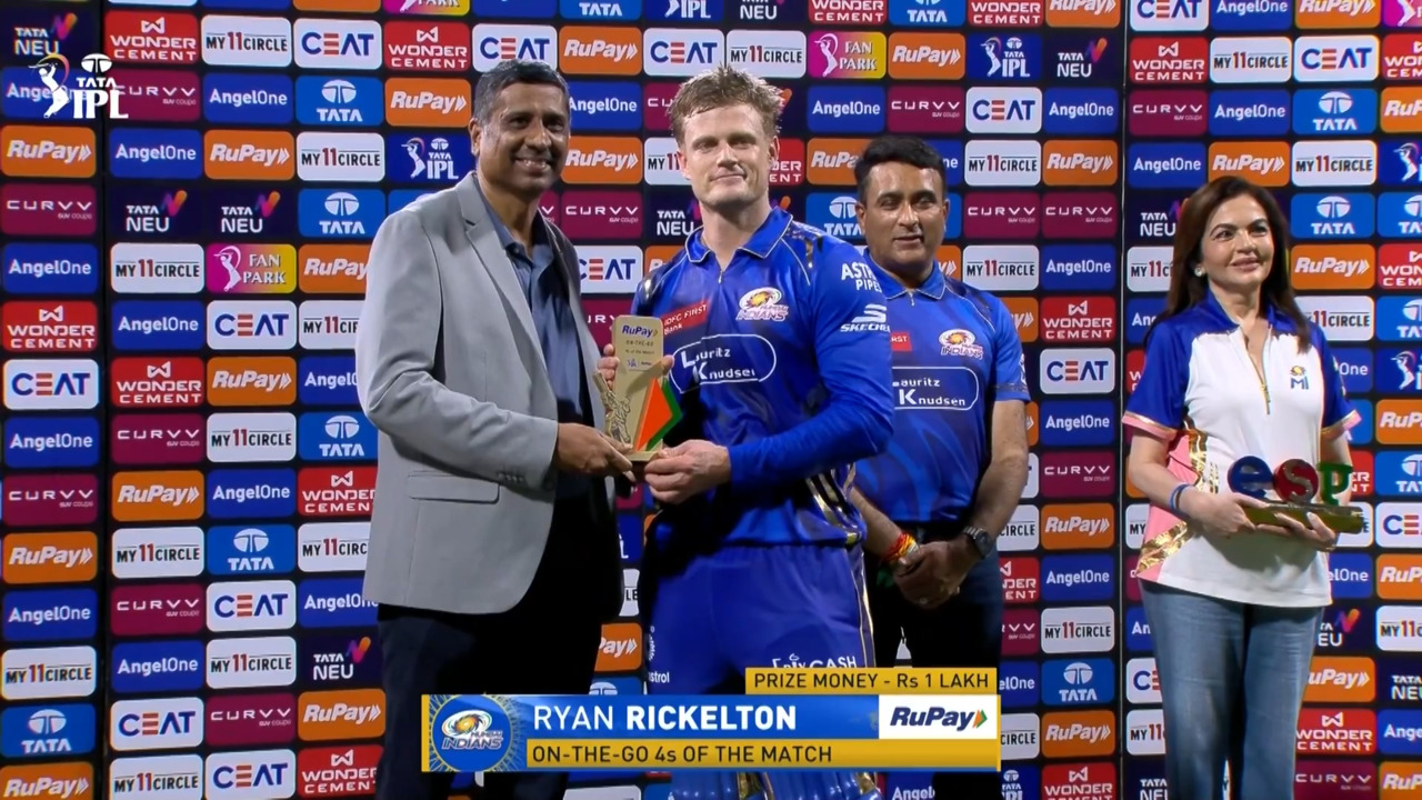 IPL 2025 M12: MI vs KKR - RuPay On-The-Go 4s of the Match - Ryan Rickelton backdrop
