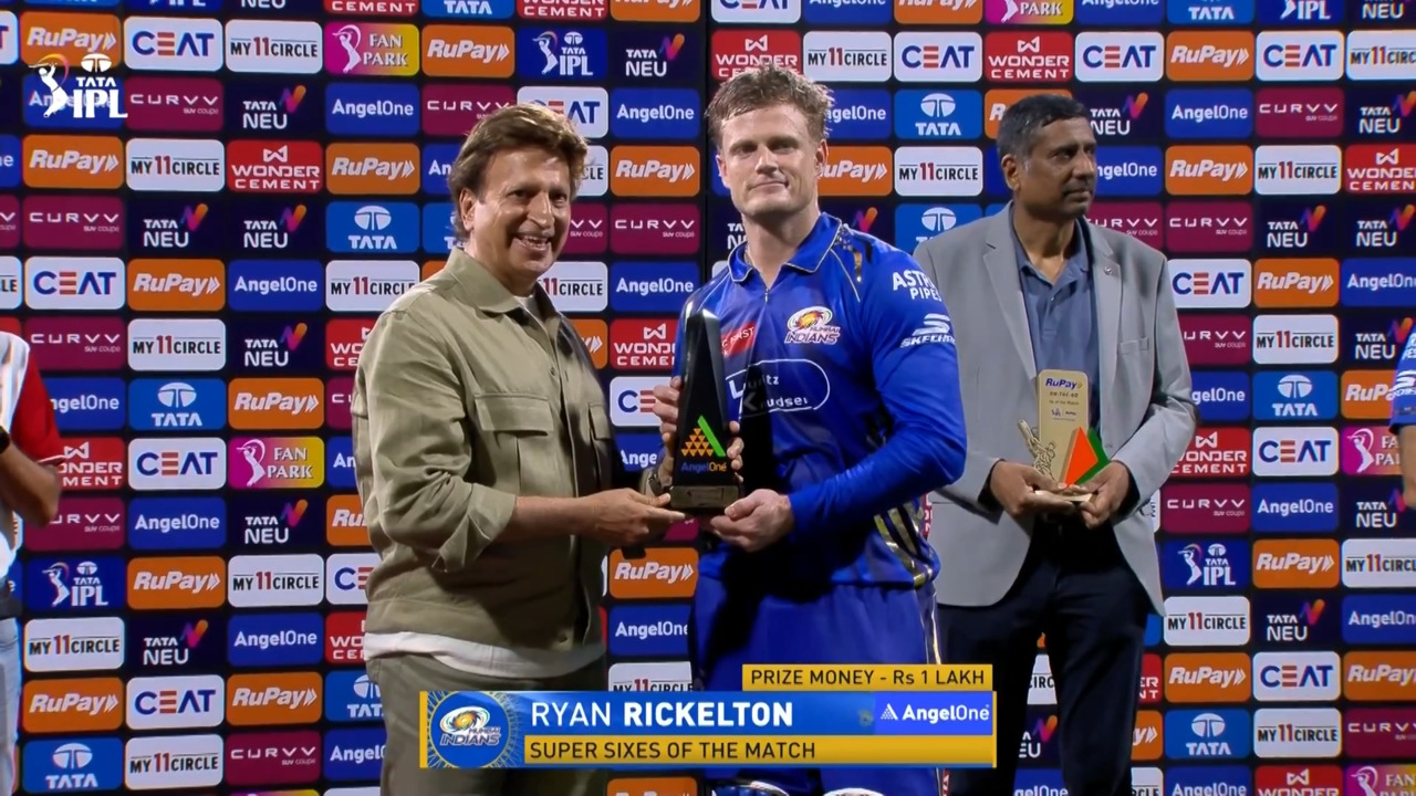 IPL 2025 M12: MI vs KKR - Angel One Super Sixes of the Match - Ryan Rickelton backdrop