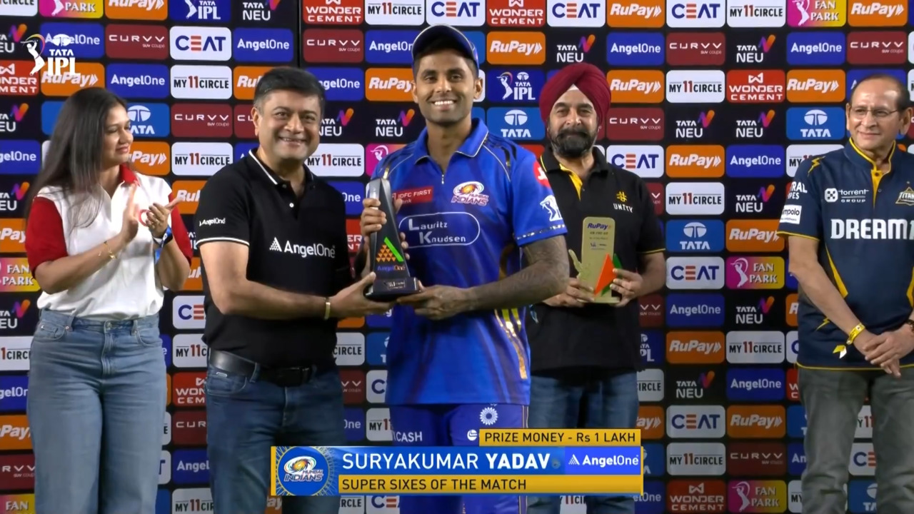 IPL 2025 M09: GT vs MI - Angel One Super Sixes of the Match - Suryakumar Yadav background