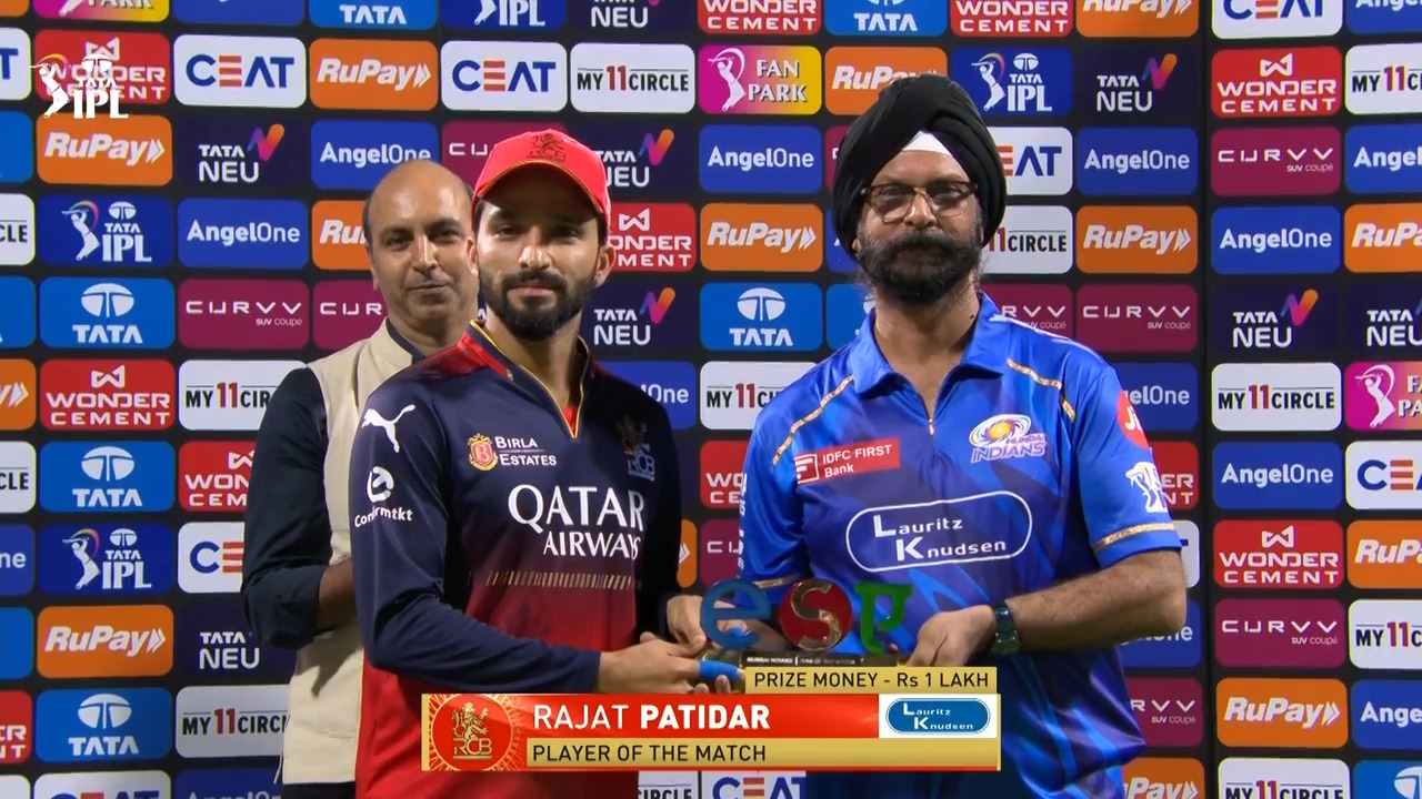 IPL 2025 M21: MI vs RCB - Player of the Match - Rajat Patidar background