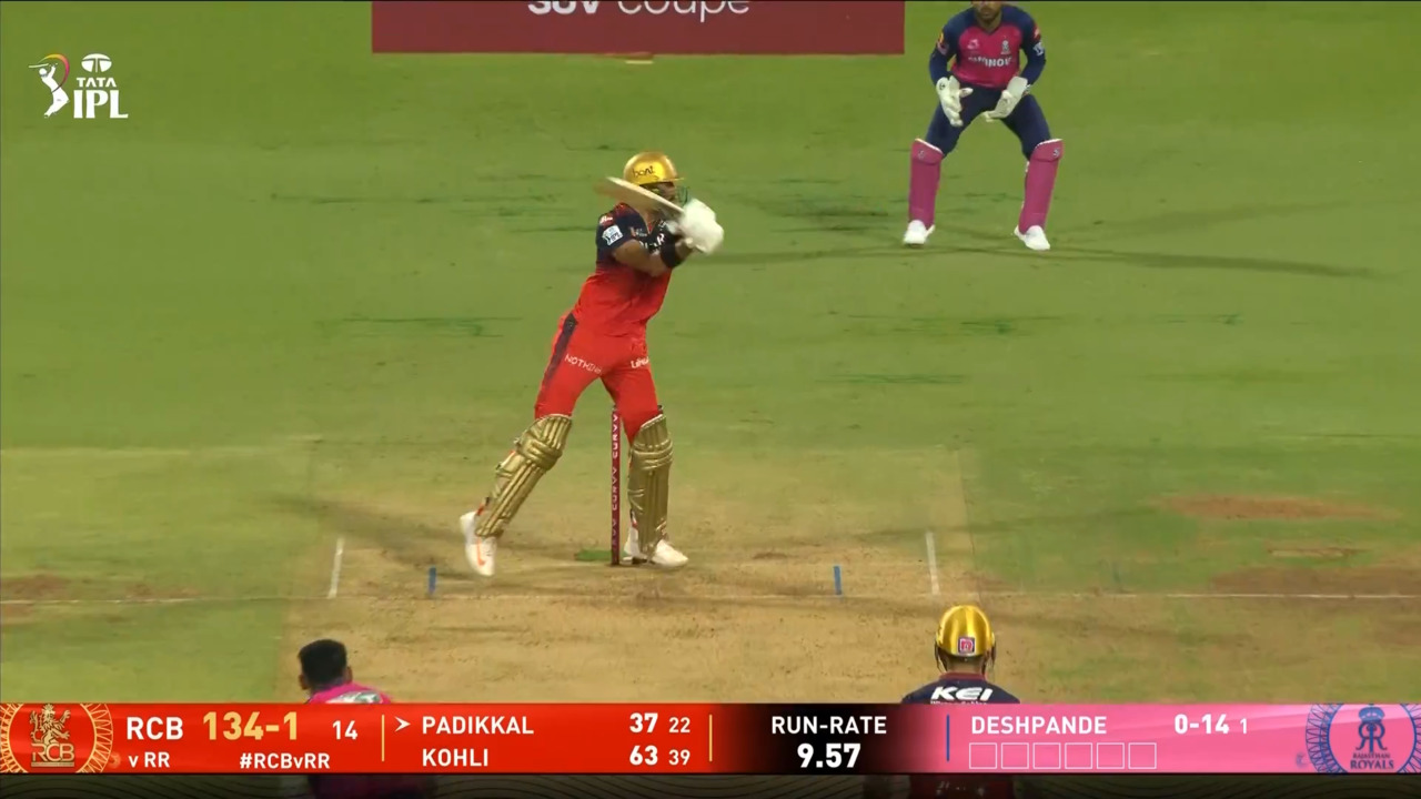 IPL 2025 M42: RCB vs RR - Devdutt Padikkal Six background