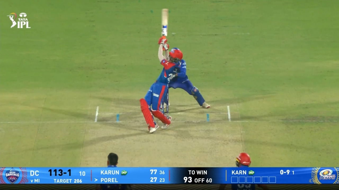 IPL 2025 M29: DC vs MI - Abishek Porel Six