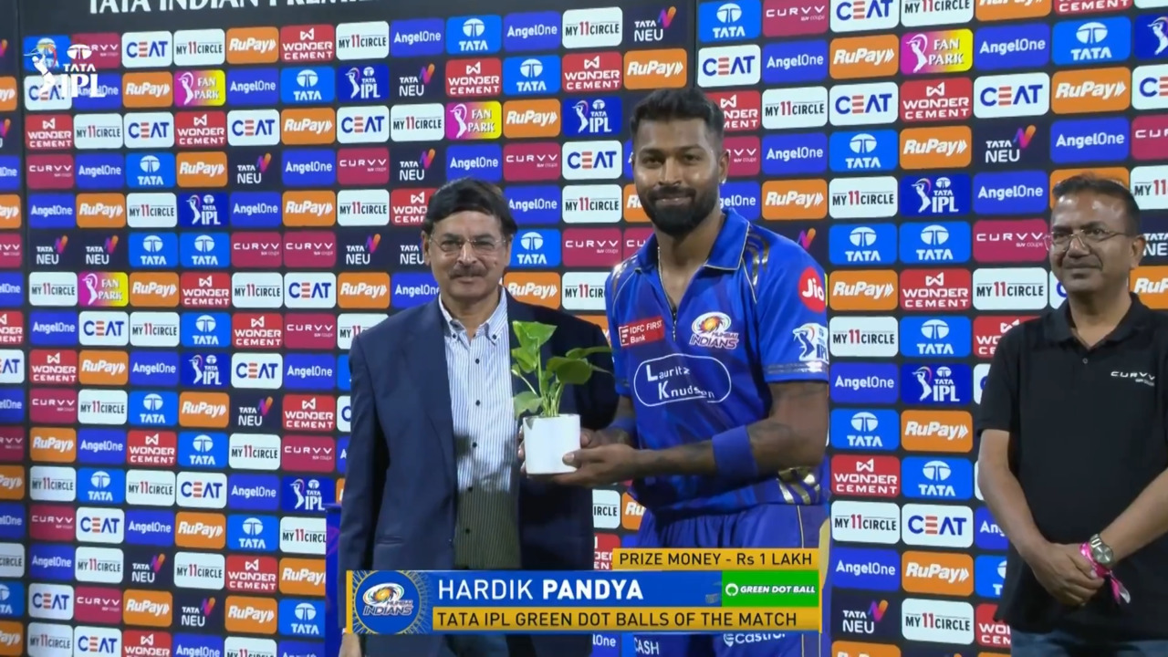 IPL 2025 M16: LSG vs MI - TATA IPL Green Dot Balls of the Match - Hardik Pandya background