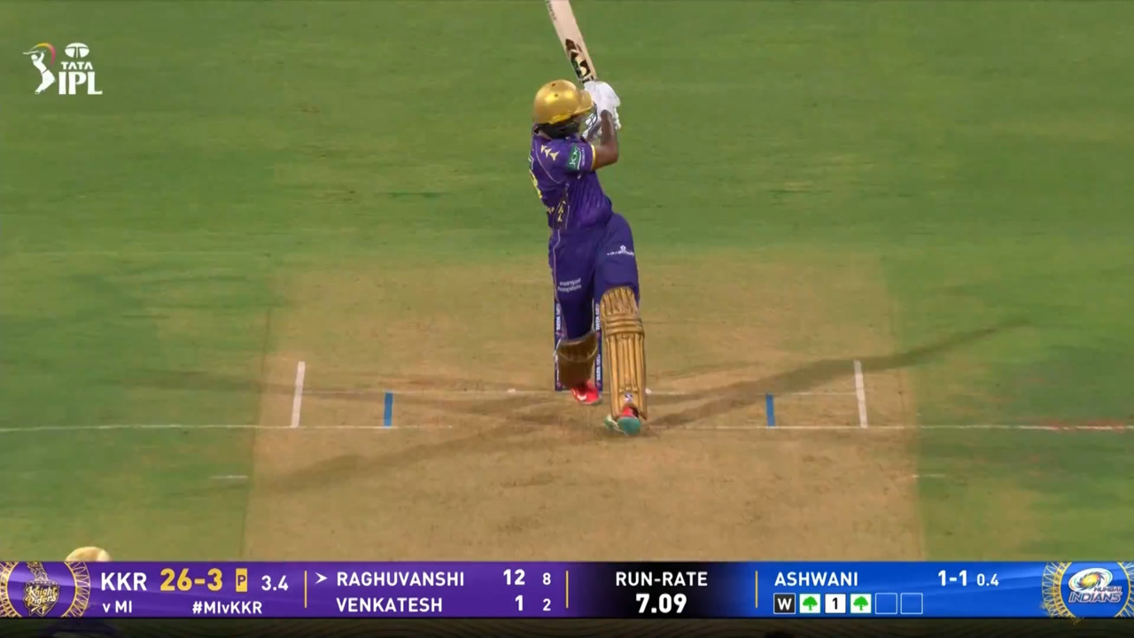 IPL 2025 M12: MI vs KKR - Angkrish Raghuvanshi Six