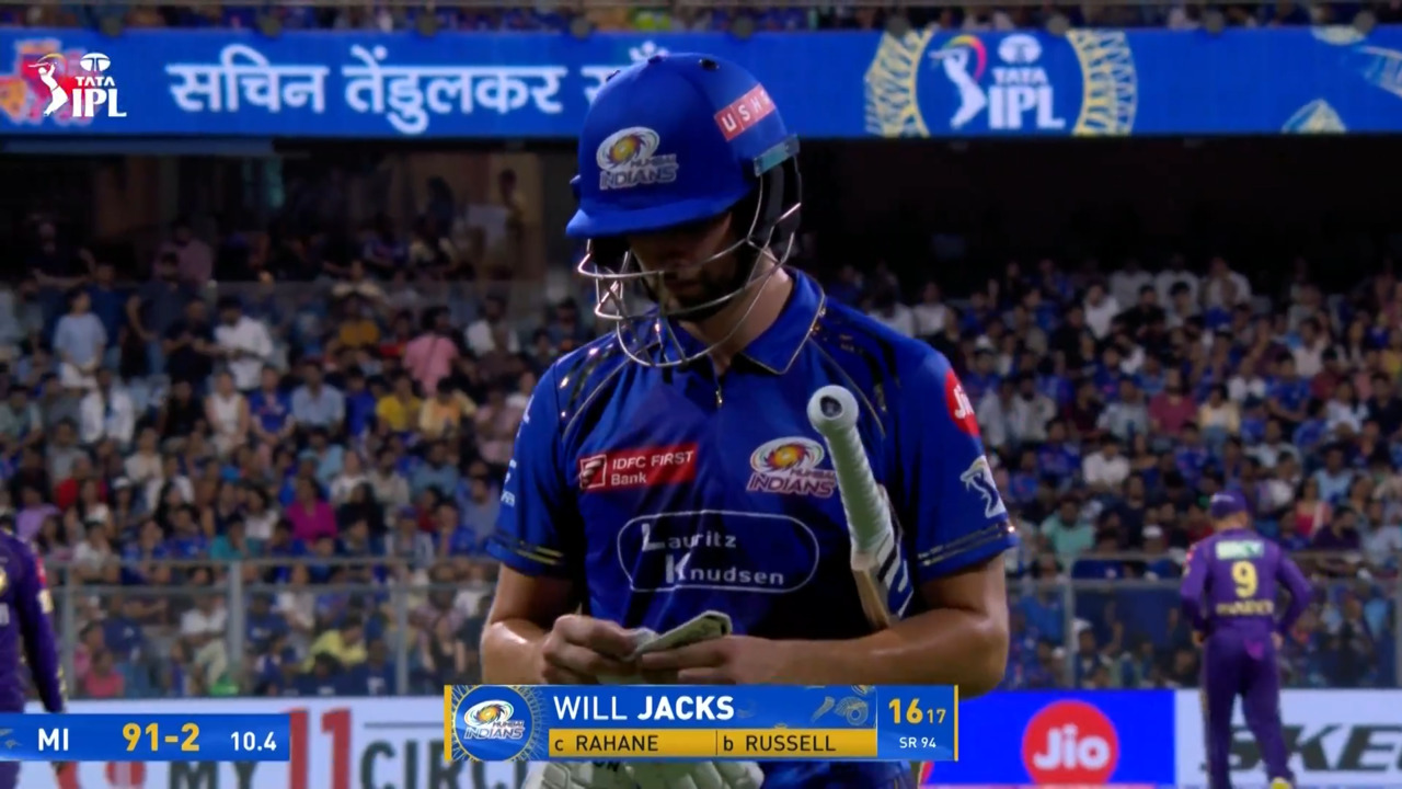 IPL 2025 M12: MI vs KKR - Will Jacks Wicket