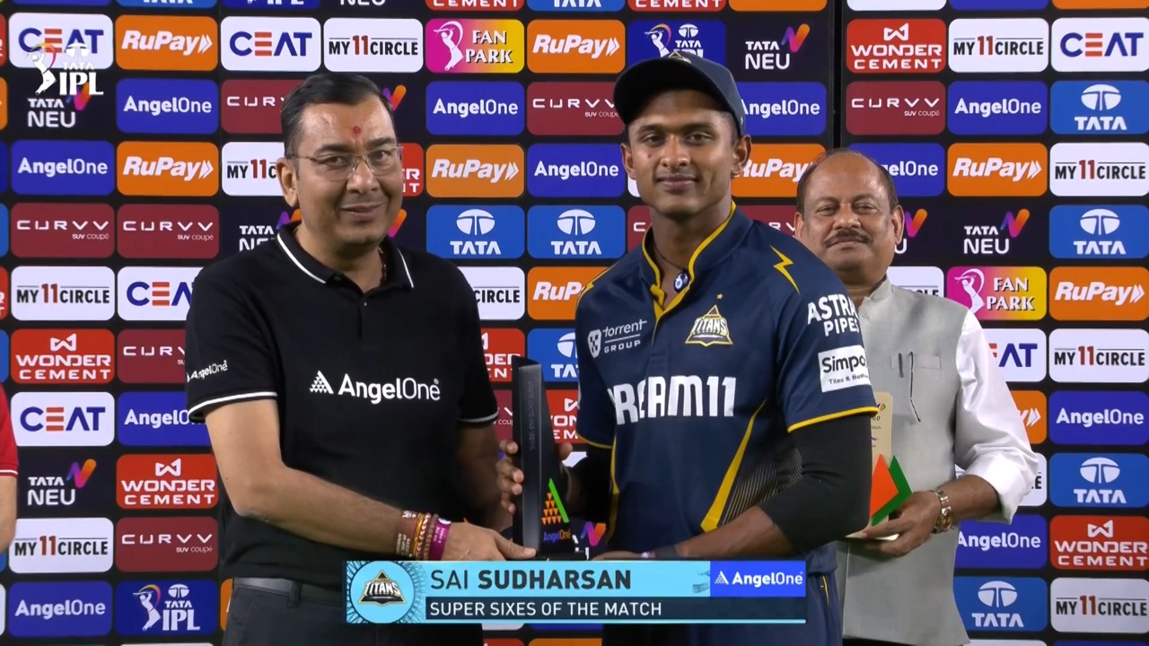 IPL 2025 M23: GT vs RR - Angel One Super Sixes of the Match - Sai Sudharsan background