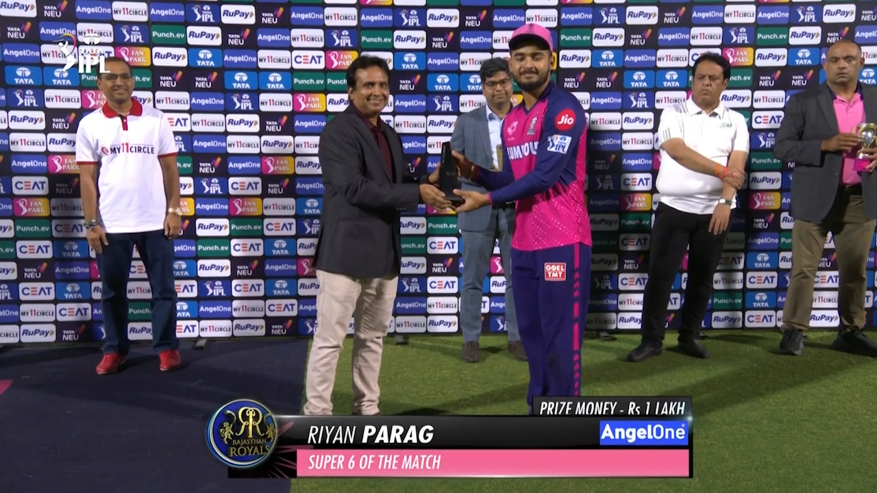 M09: RR vs DC – AngelOne Super 6 of the Match – Riyan Parag background