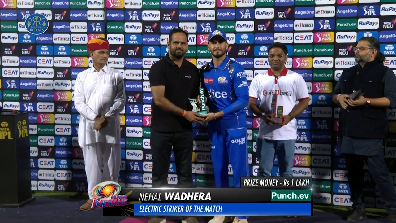 M38: RR vs MI – Punch.ev Electric Striker of the Match – Nehal Wadera