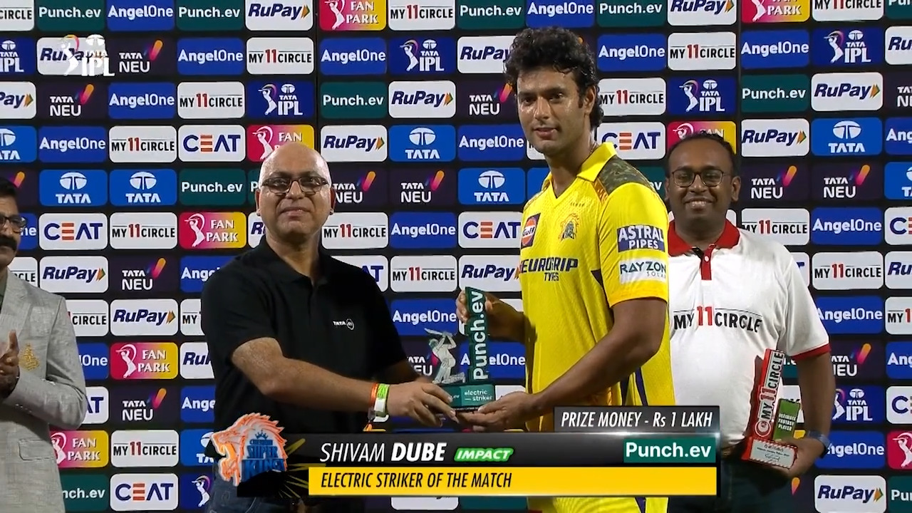 M22: CSK vs KKR – Punch.ev Electric Striker of the Match – Shivam Dube background