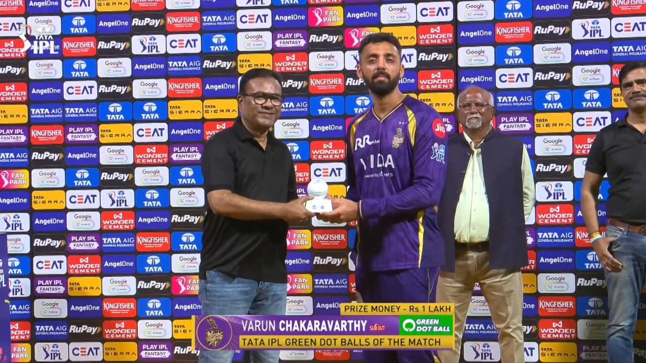IPL 2026 M28: KKR vs RR - TATA IPL Green Dot Balls of the Match - Varun Chakaravarthy