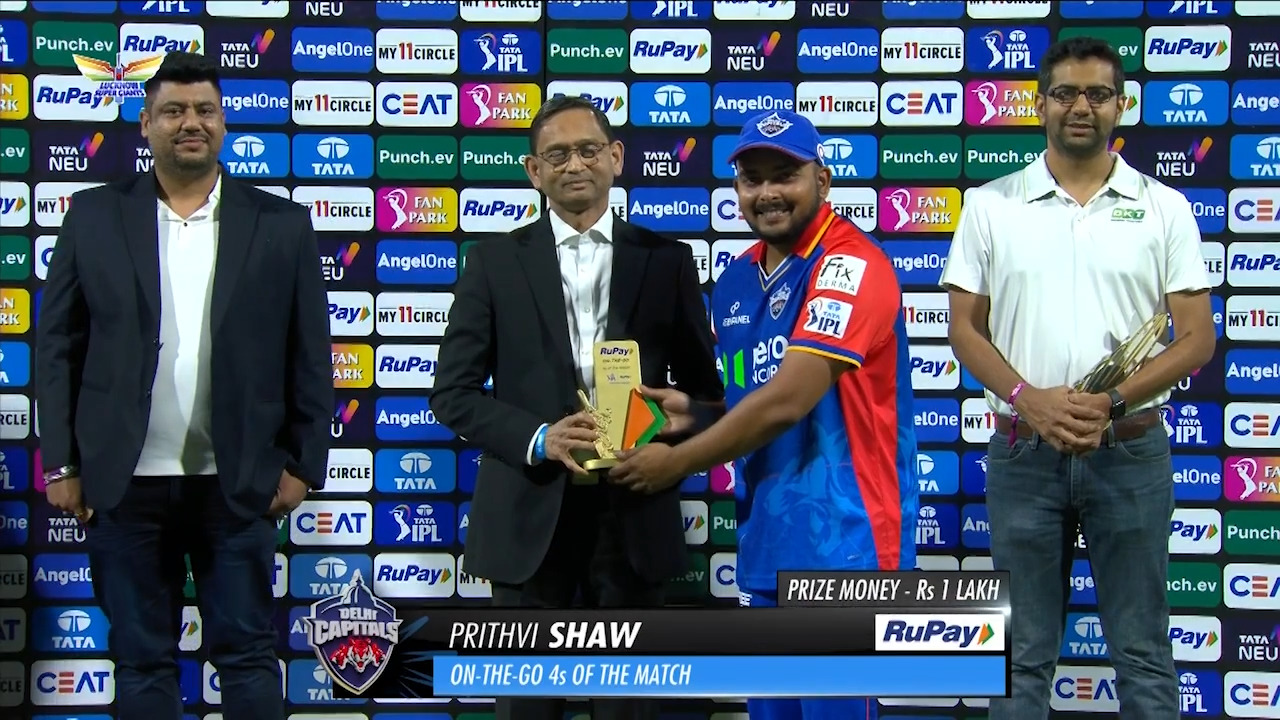 M26: LSG vs DC – RuPay On-The-Go 4s of the Match – Prithvi Shaw background