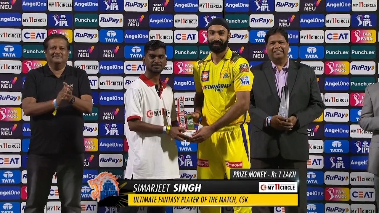 M61: CSK vs RR – My11Circle Ultimate Fantasy Player of the Match – Simarjeet Singh background