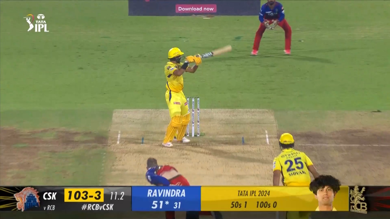 M68: RCB vs CSK – Rachin Ravindra Six