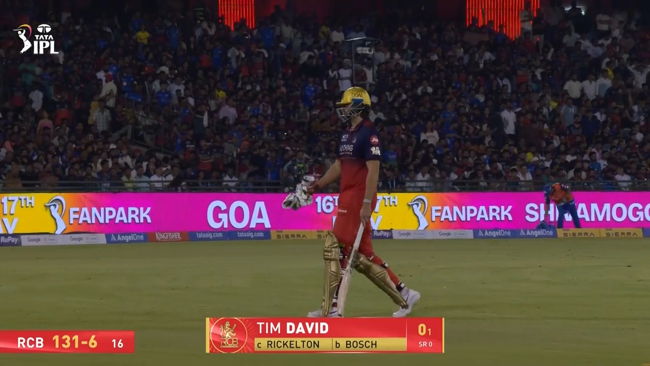 IPL 2026 M54: RCB vs MI - Tim David Wicket